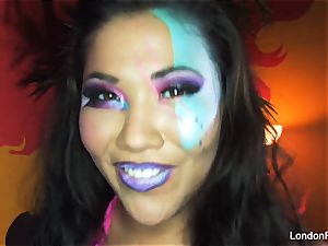 colorful London Keyes gets smashed on the bed